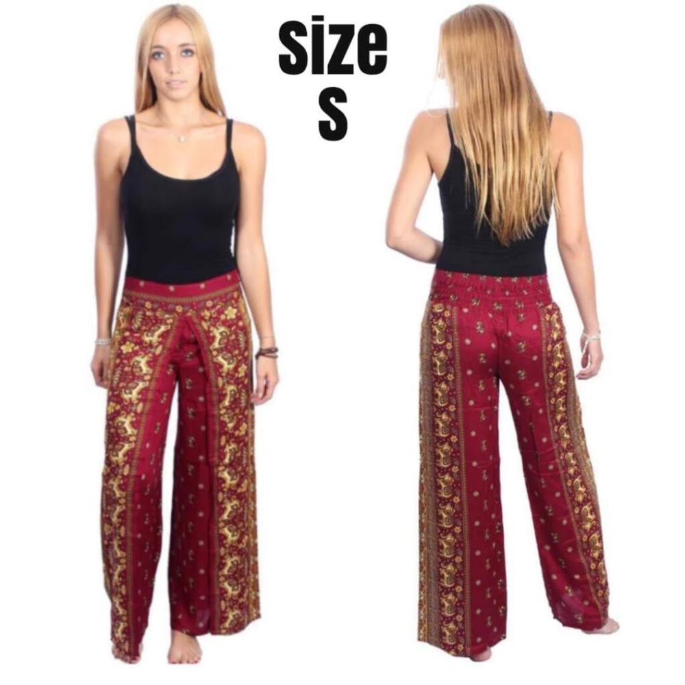 Women’s Elephant Print Maroon Palazzo Pants with Wide Smocked Waistband Sz Sm